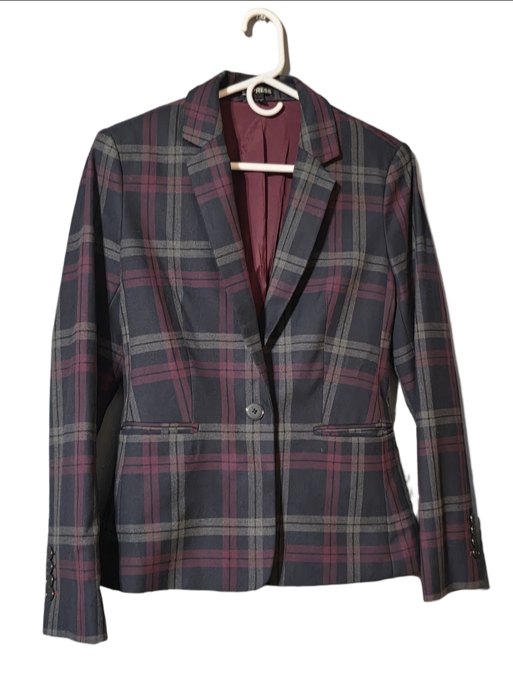 Express Plaid Blazer in Burgundy and Gray Size 6